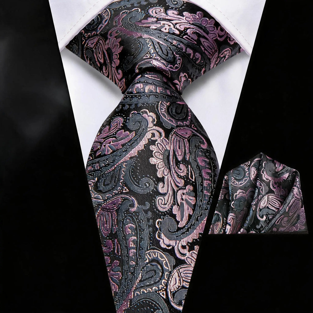 Black paisley tie set with pocket square, learn how fold a pocket square