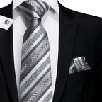 Men's silver striped tie, silk material, how to tie men's tie