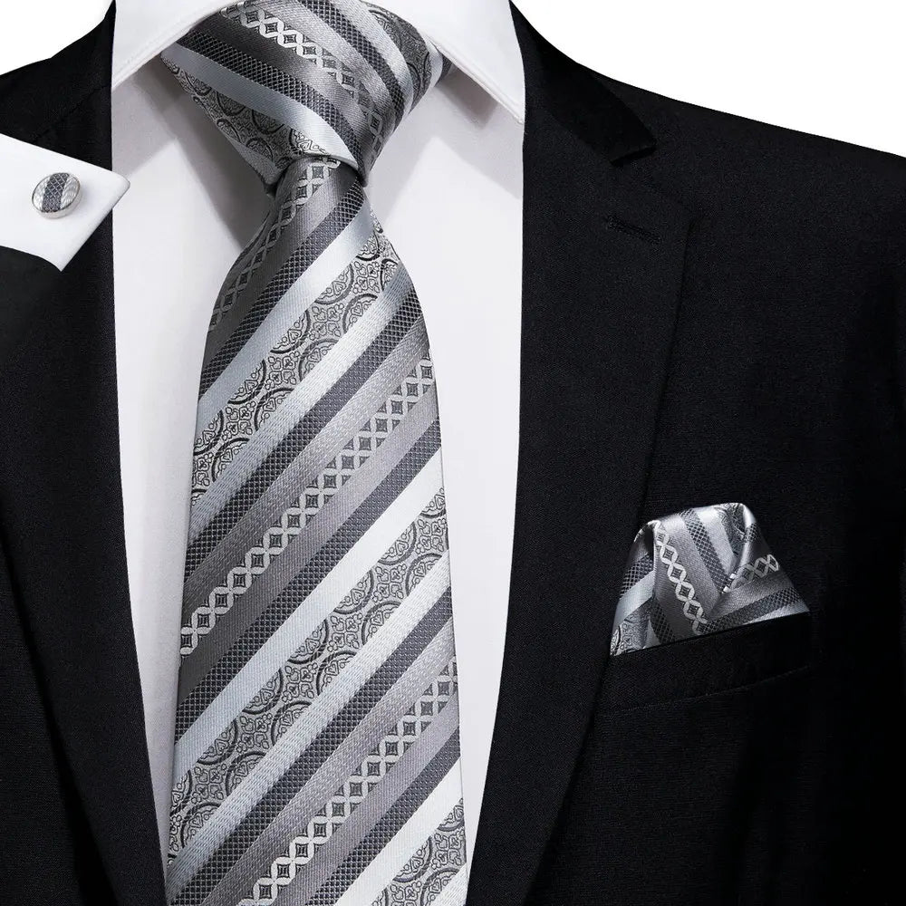Men's silver striped tie, silk material, how to tie men's tie