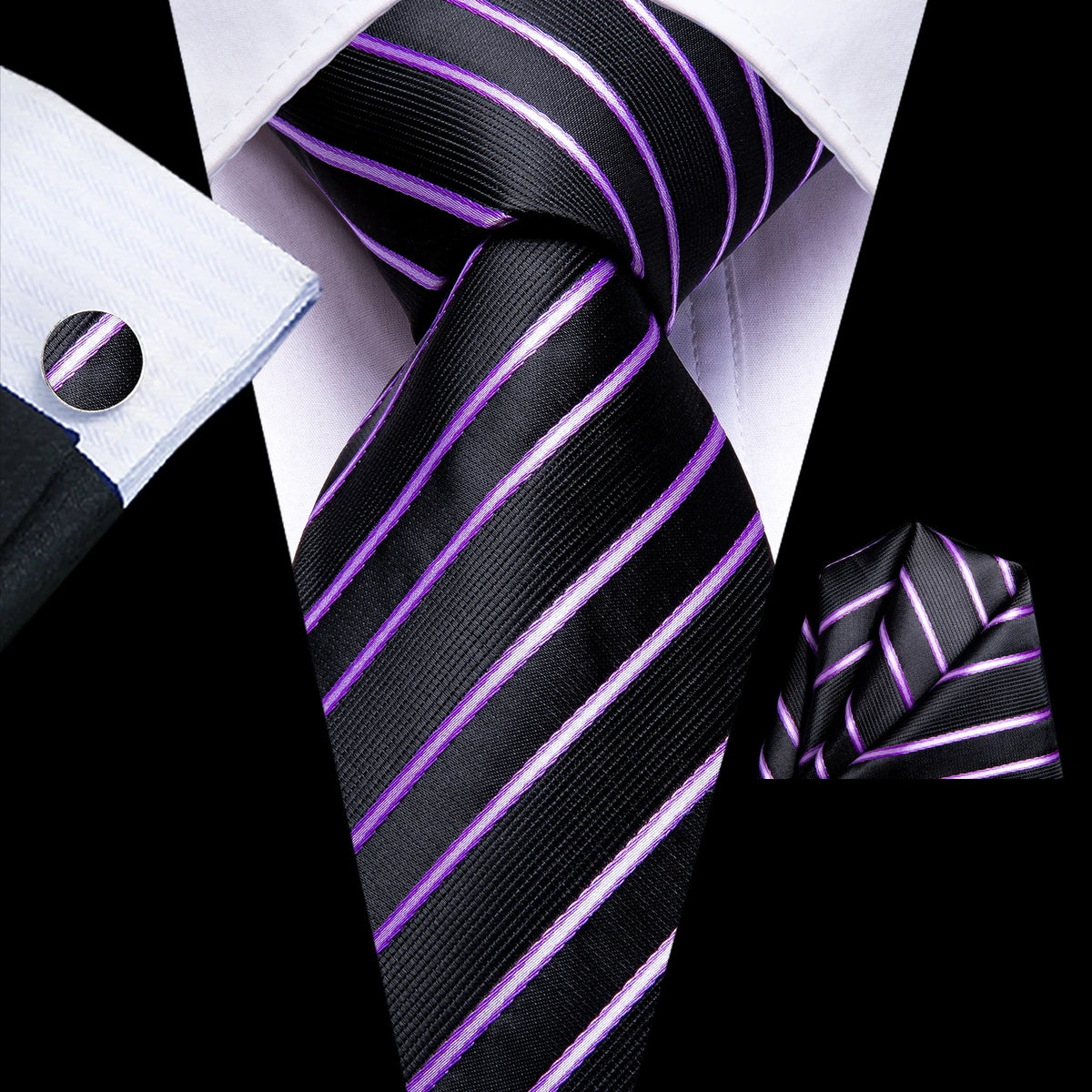 Black and purple striped tie, suitable for learning how to tie mens tie