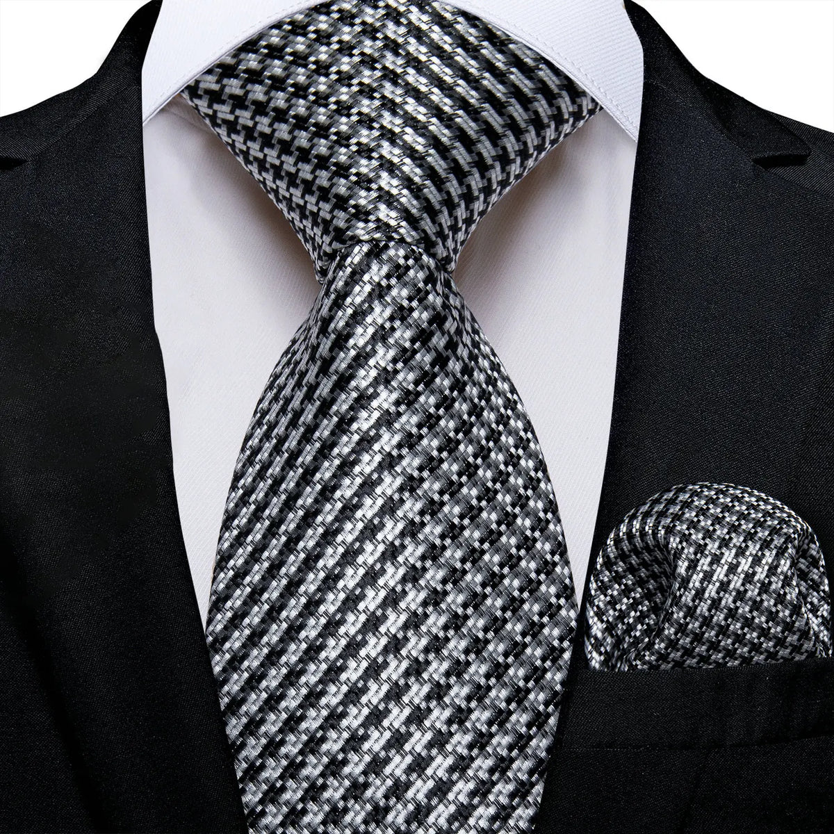 Men's black and silver knitted tie, perfect for formal occasions, how to tie men's tie