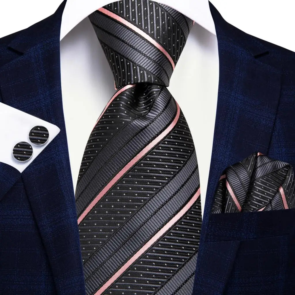 Men's black tie with pink stripes for formal wear, how to tie men's tie