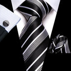 Black and white striped men's tie, perfect for formal occasions, how to tie men's tie