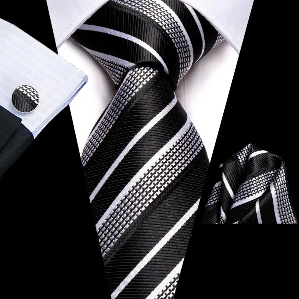 Black and white striped men's tie, perfect for formal occasions, how to tie men's tie