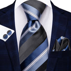 Men's navy striped tie, silk material, perfect for formal occasions on how to tie men's tie.