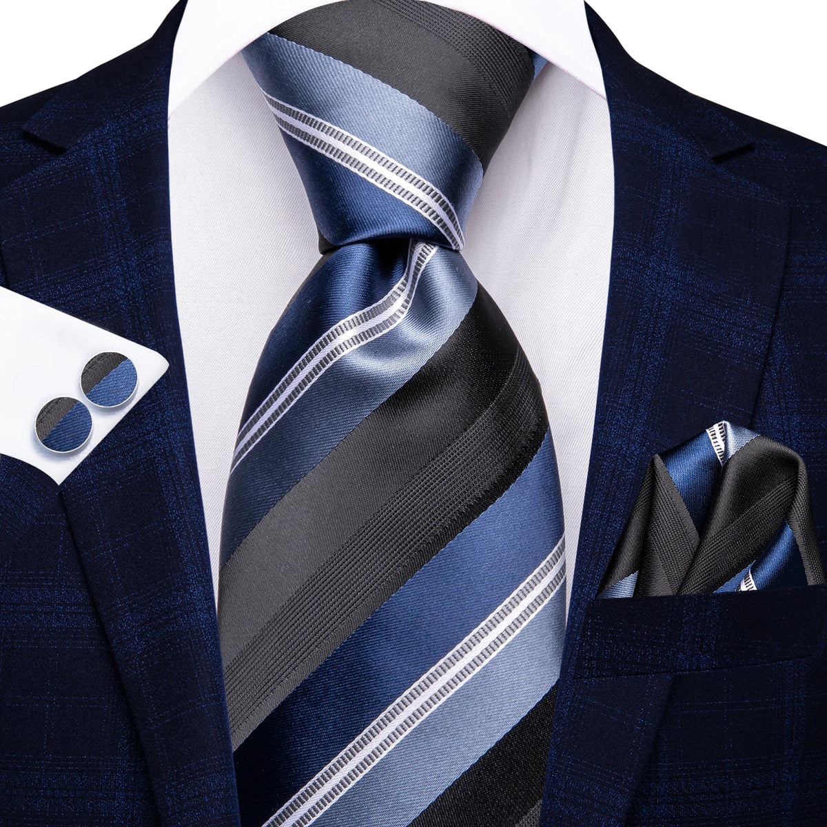 Men's navy striped tie, silk material, perfect for formal occasions on how to tie men's tie.