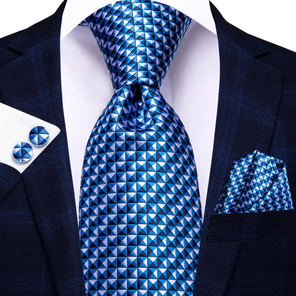 Men's blue patterned tie with silk material for formal occasions, how to tie men's tie