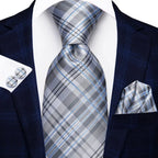 Men's silver plaid tie, silk material, how to tie men's tie