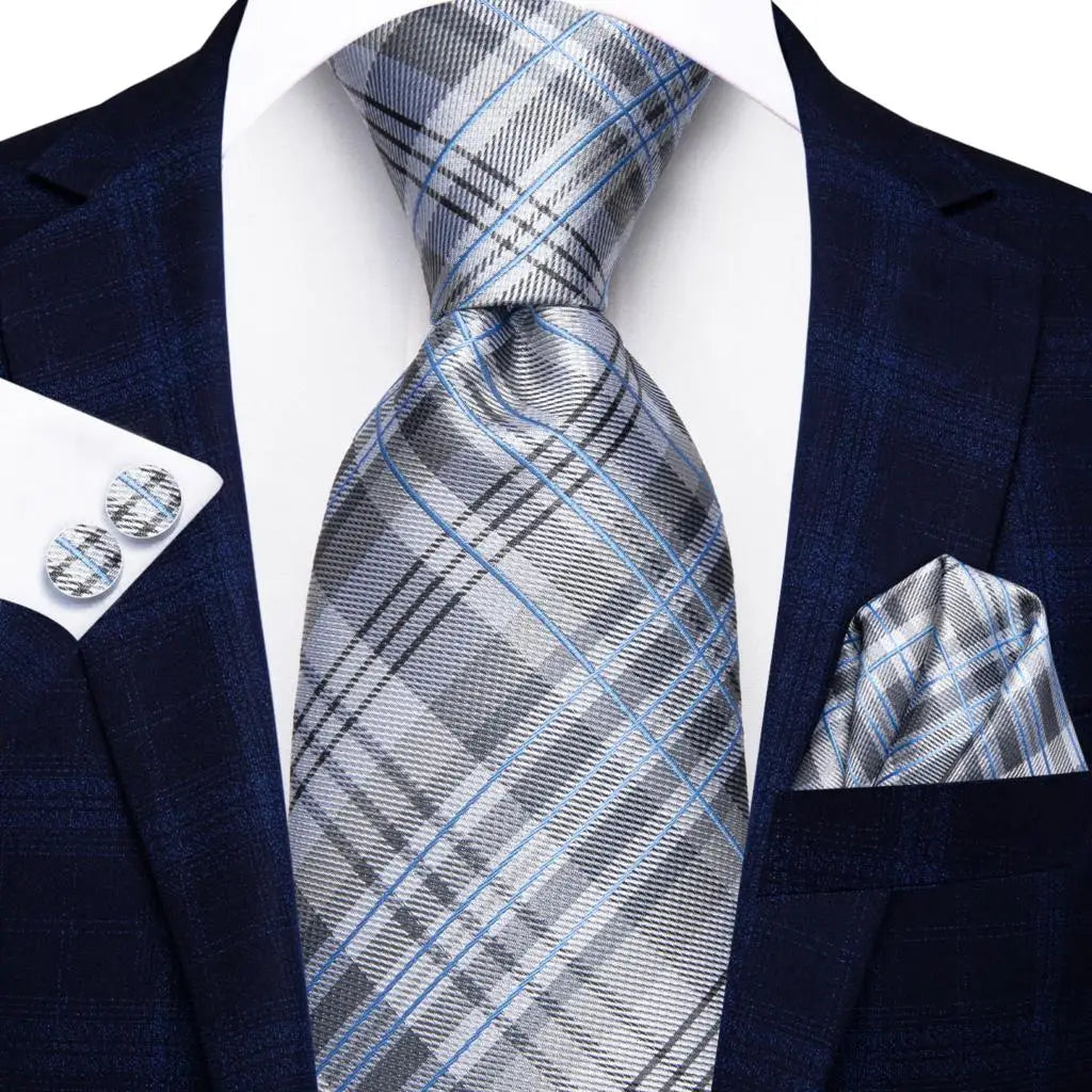 Men's silver plaid tie, silk material, how to tie men's tie