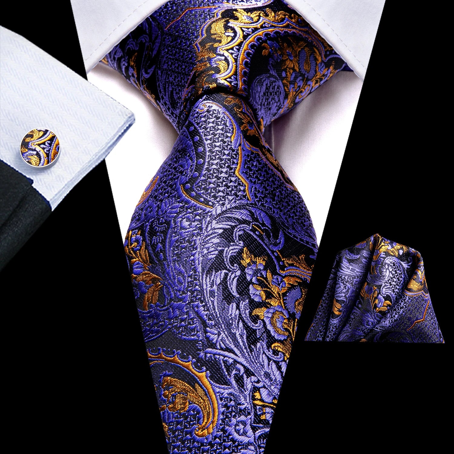 Men's purple paisley tie with matching pocket square, perfect for formal events