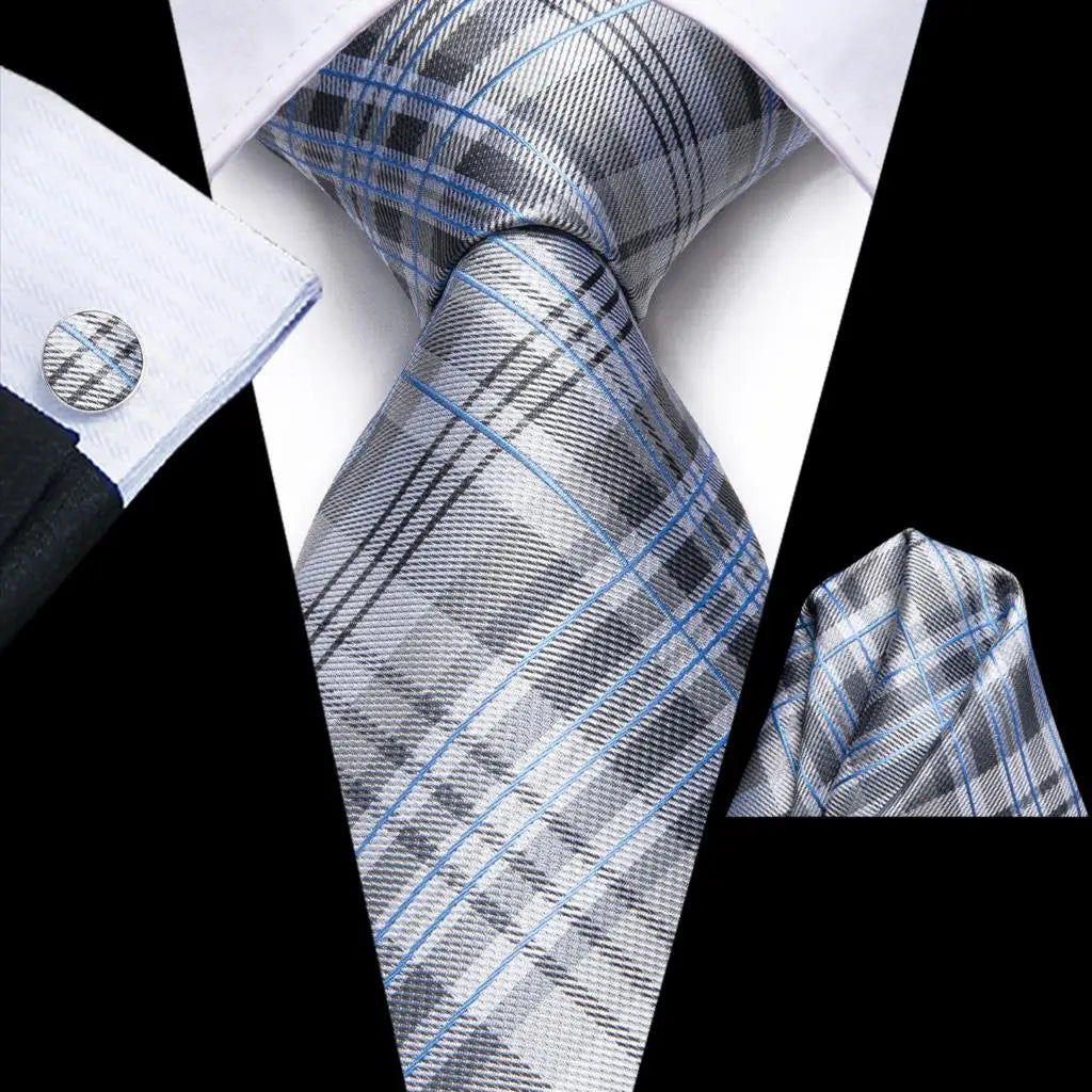 Men's silver plaid tie, silk material, how to tie men's tie