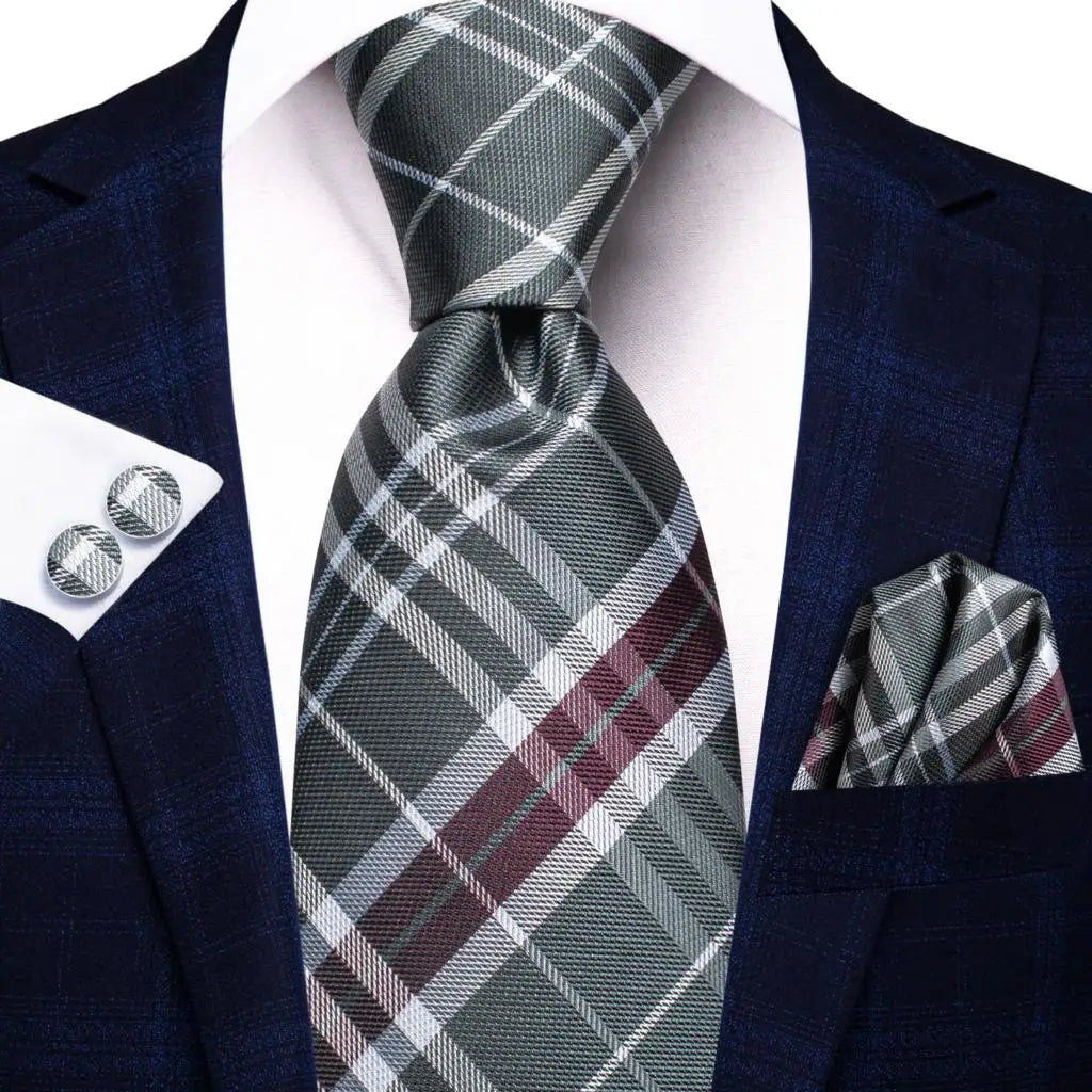 Gray plaid men's tie, silk material, formal attire use, how to tie men's tie