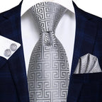 Gray geometric satin tie for men, stylish accessory on suit