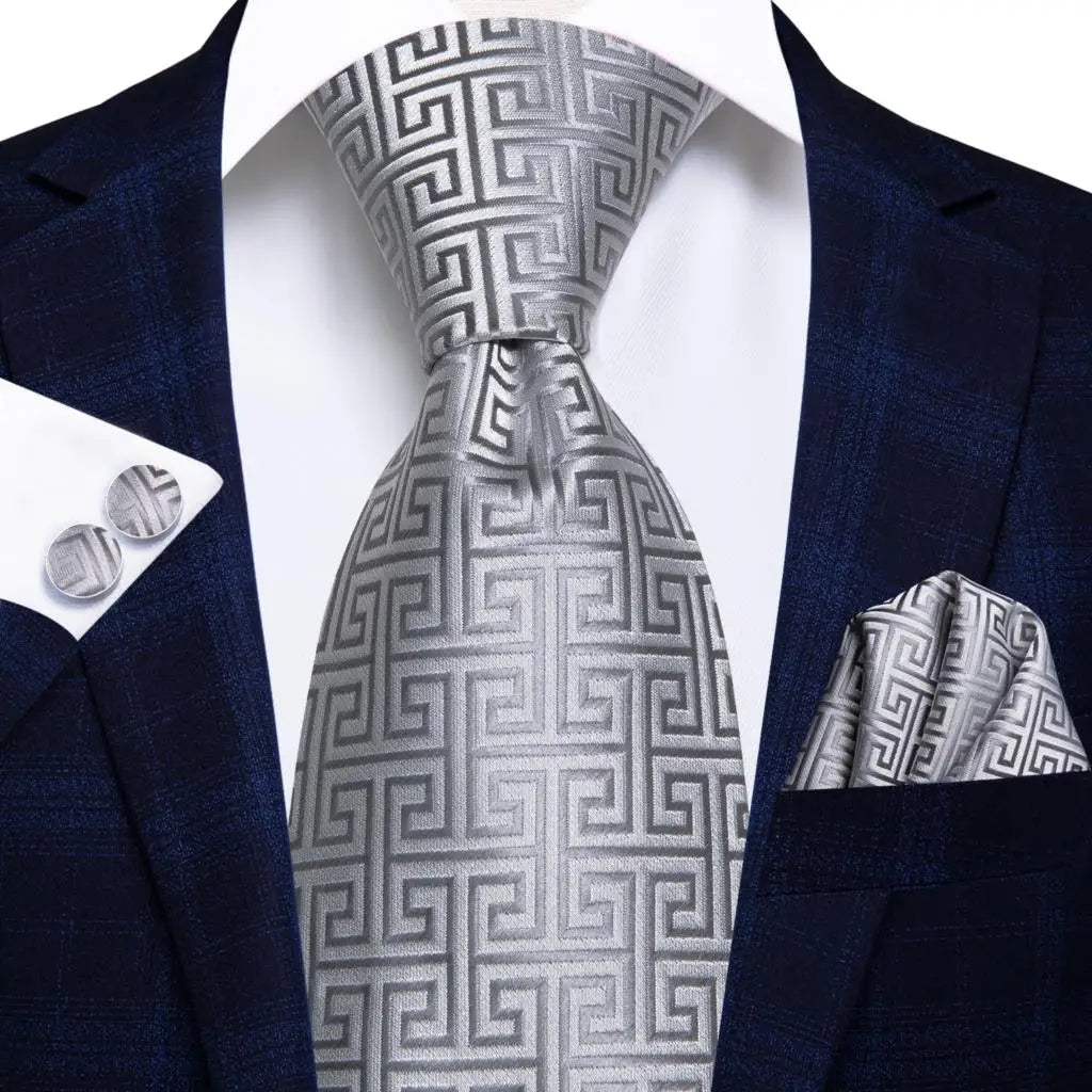 Gray geometric satin tie for men, stylish accessory on suit