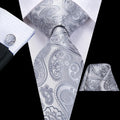 Men's silver paisley tie, silk material, guide on how to tie men's tie