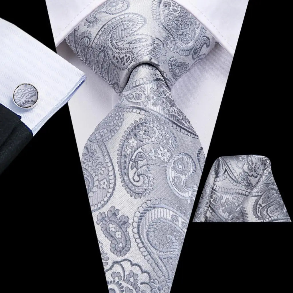 Men's silver paisley tie, silk material, guide on how to tie men's tie