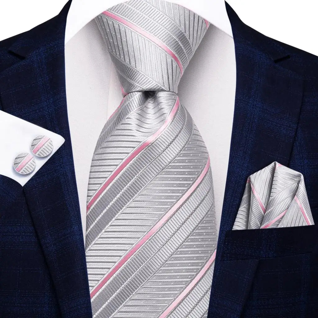 Men's gray striped tie set, perfect for learning how to tie men's tie