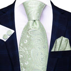 Light green paisley tie set, perfect for learning how to tie mens tie