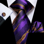 Men's purple and gold striped tie, perfect for formal events, teaching how to tie mens tie