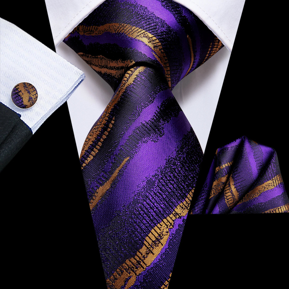 Men's purple and gold striped tie, perfect for formal events, teaching how to tie mens tie