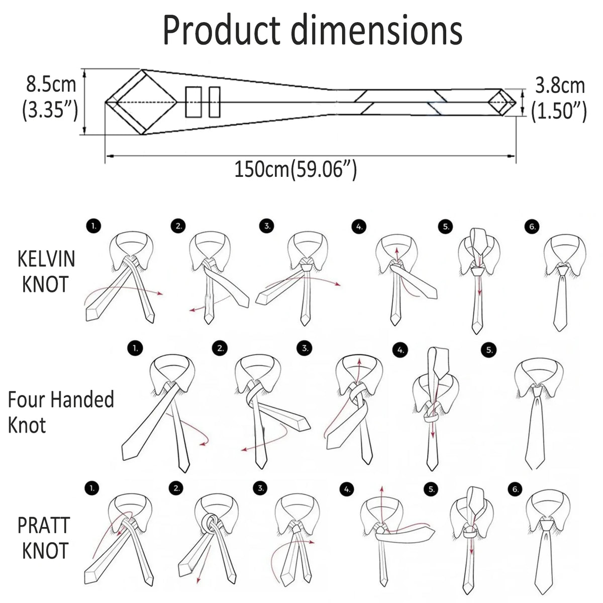 Men's tie instruction guide, features Kelvin, Four Handed, and Pratt knots