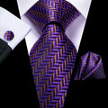 Purple herringbone men's tie with matching pocket square, formal wear