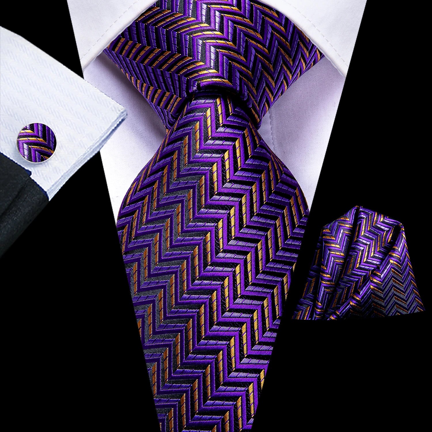Purple herringbone men's tie with matching pocket square, formal wear