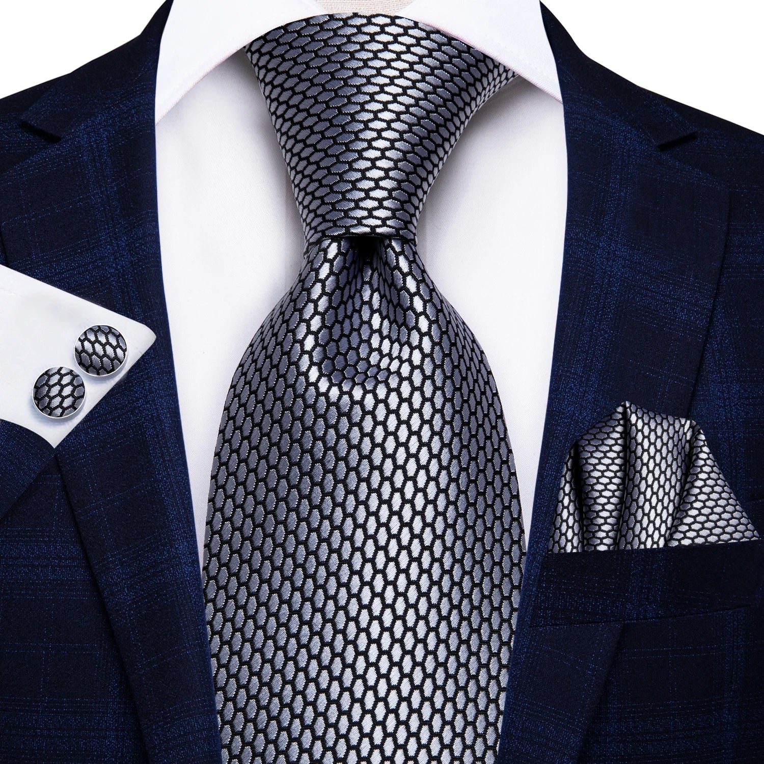 Silver men's tie with geometric pattern, perfect for learning how to tie men's tie