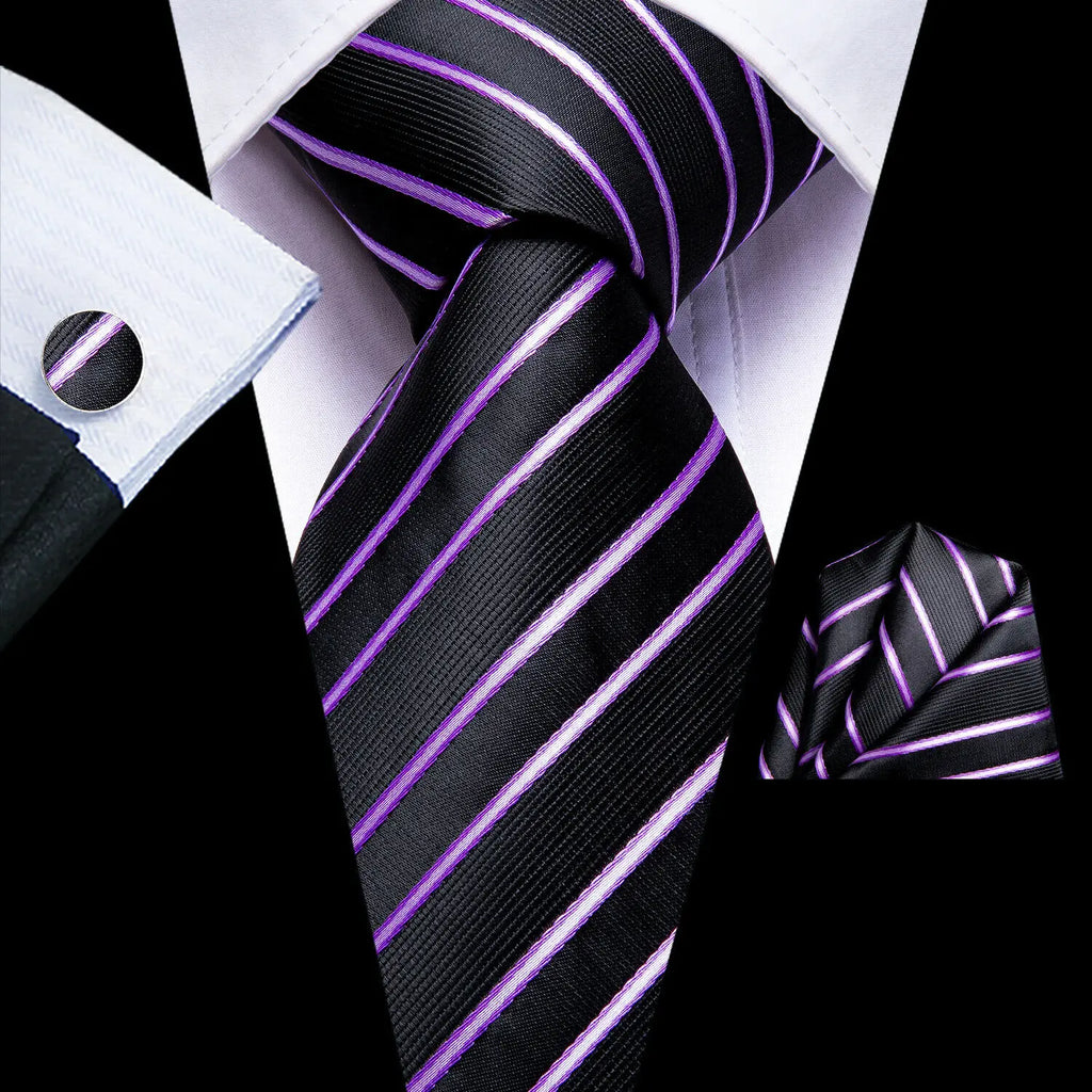 Black and purple striped men's tie, formal wear, how to tie mens tie