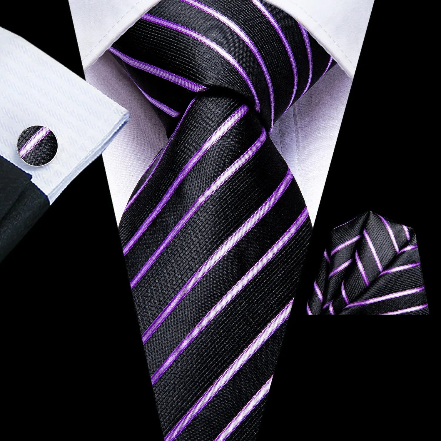 Black and purple striped men's tie, formal wear, how to tie mens tie