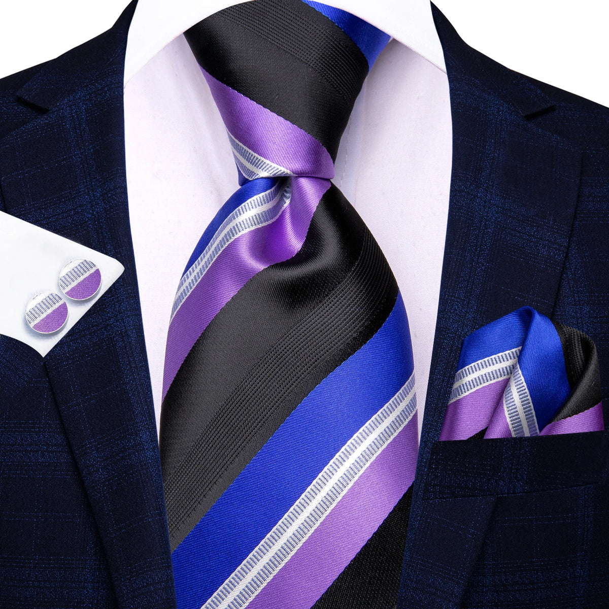 Purple and black striped men's tie, perfect for learning how to tie mens tie