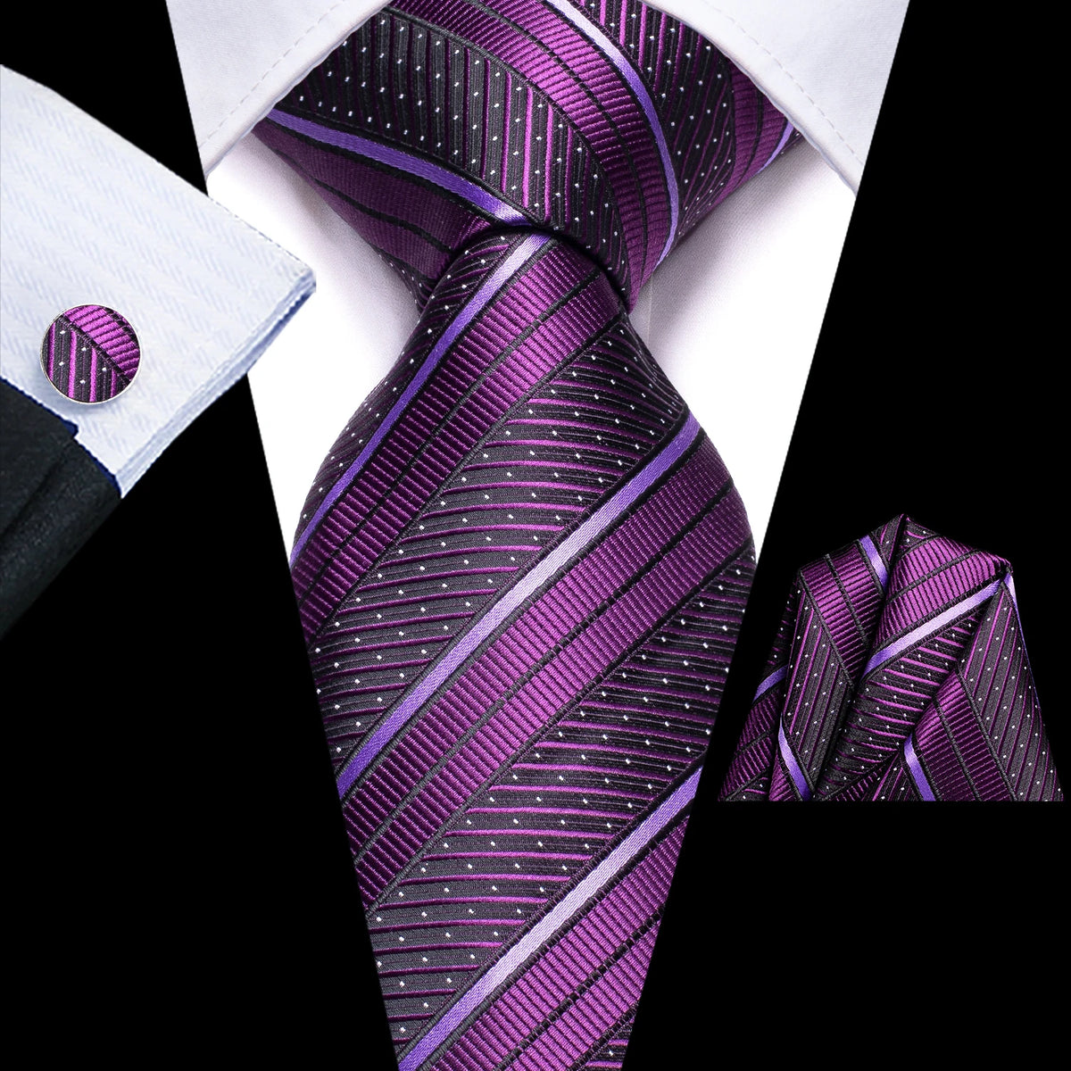 Purple striped men's tie, silk material, perfect for formal events, how to tie mens tie