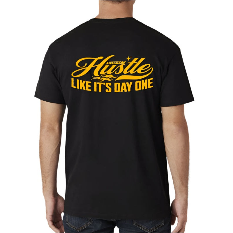 WEIV Hustle Print Tee for Men in Black with Bold Yellow Back Design