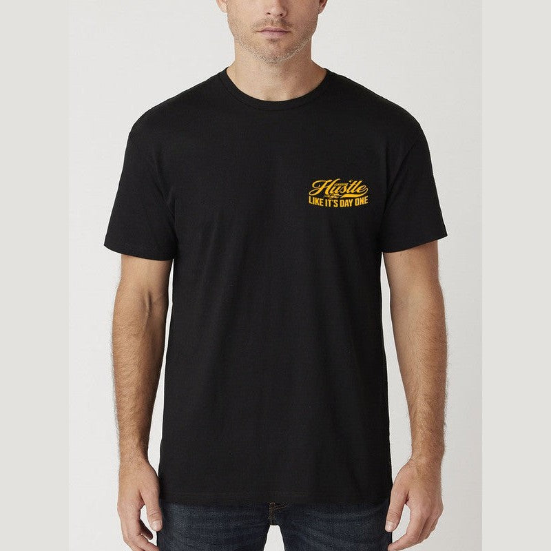 WEIV Hustle Print Tee for Men in Black featuring a bold yellow design on the front