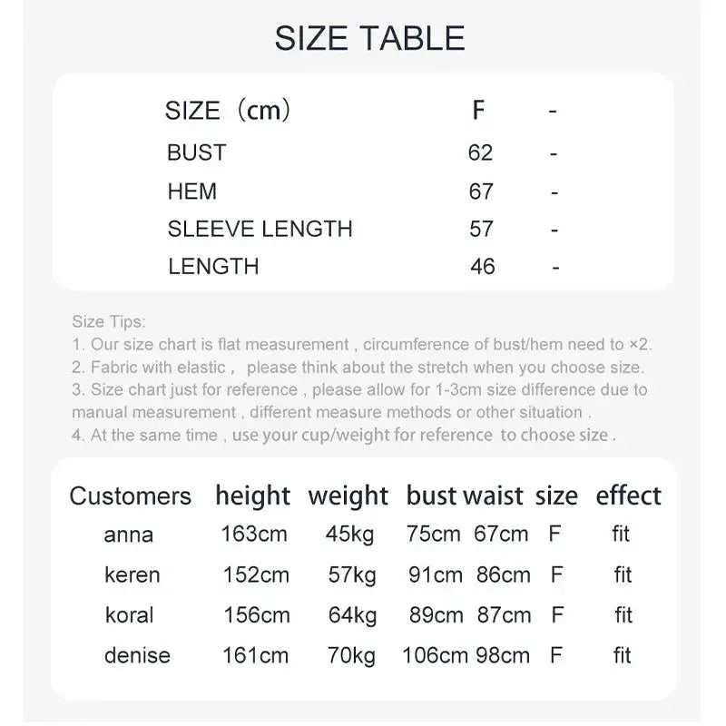 Size chart for clothing with measurements in centimeters and a table of customer dimensions and fit.