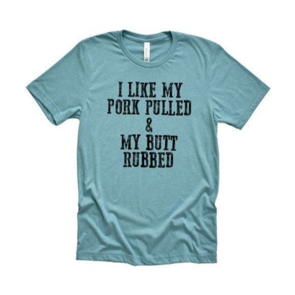 Wildberry Waves men's blue I like my pork pulled novelty tee with black text design