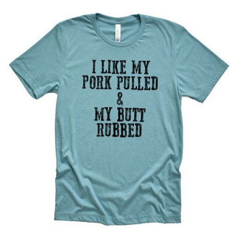 Wildberry Waves men's blue I like my pork pulled novelty tee with black text design