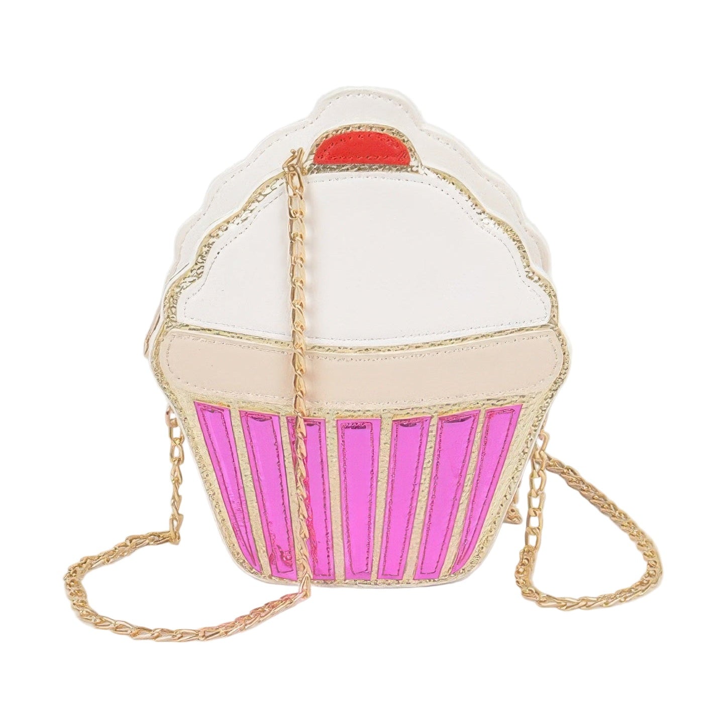 Ice cream sundae clutch bag with a playful cupcake design and gold chain strap for fun outings