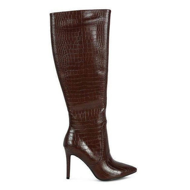 Indulgent High Heeled Croc Calf Boots - VacationGrabs