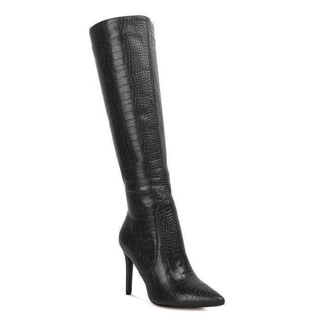 Indulgent High Heeled Croc Calf Boots - VacationGrabs