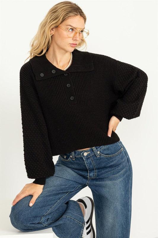 Women's Sweaters Instant Winner Wide Collar Button Front Sweater