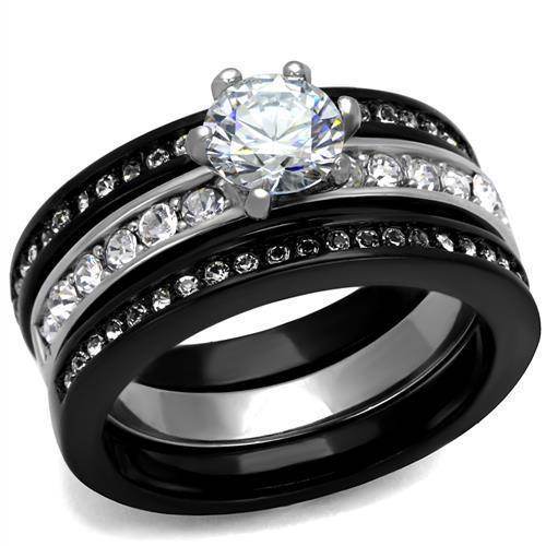 Stunning ion plated black engagement ring with a sparkling center stone and accent crystals