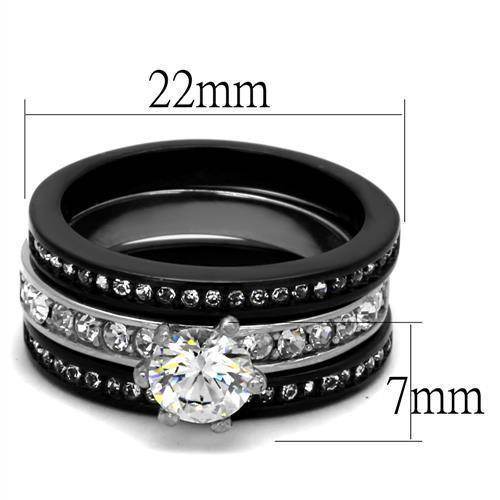 Elegant ion plated black engagement ring featuring a sparkling central stone and shimmering accents