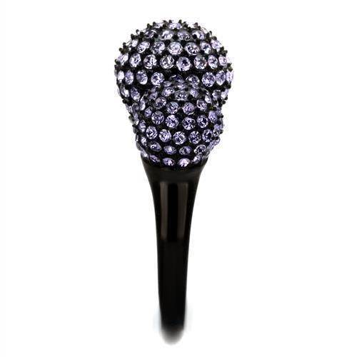 Stunning ion plated black fashion ring encrusted with purple crystals for a chic look