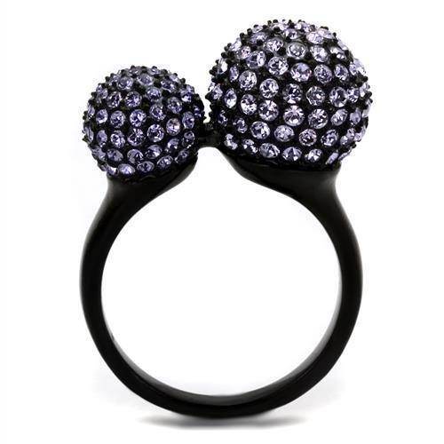Ion plated black fashion ring with two sparkling purple crystal spheres for a trendy look