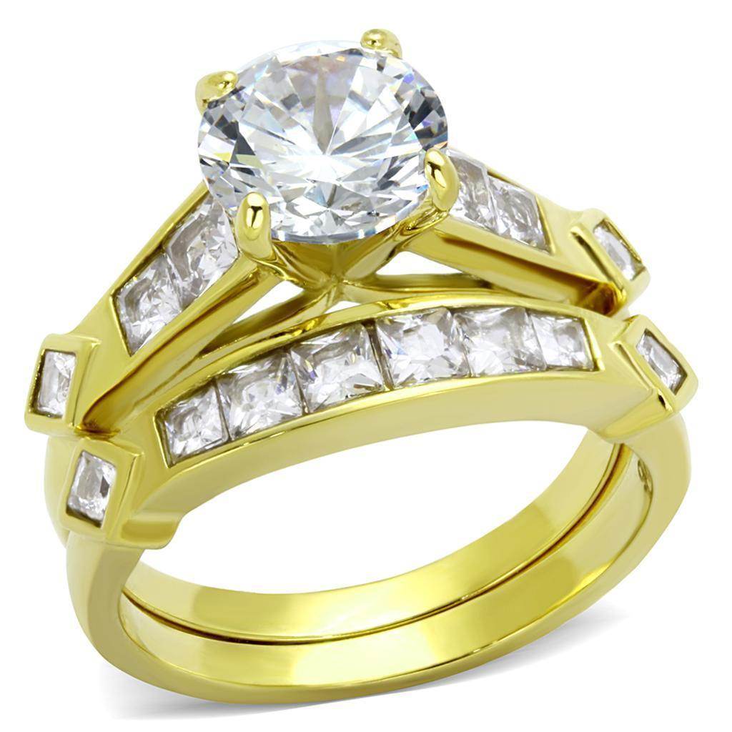Stunning ion plated gold ring for women with a large center diamond and accent stones