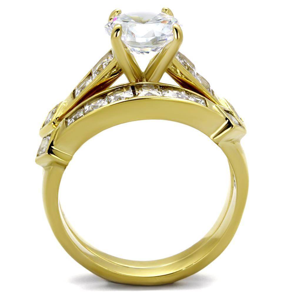 Elegant ion plated gold ring for women featuring a sparkling center stone and intricate detailing