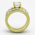 Elegant ion plated gold wedding ring for women featuring a sparkling center stone and adorned with clear crystals