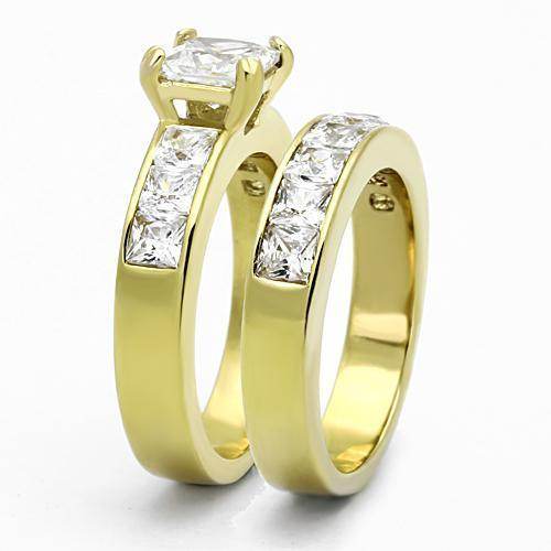 Ion plated gold wedding ring for women featuring a sparkling princess cut diamond and a sleek band