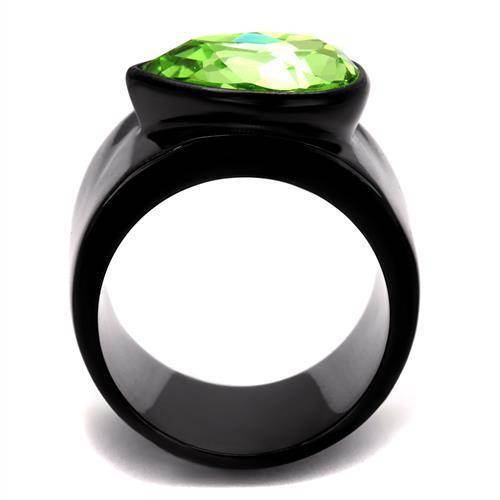 Black ion plated statement ring featuring a large green gemstone for bold fashion appeal
